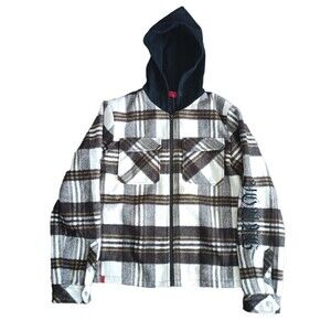 Haus Of Jr Plaid Flannel Jacket Kids Size 14 Brown Hooded Long Sleeve